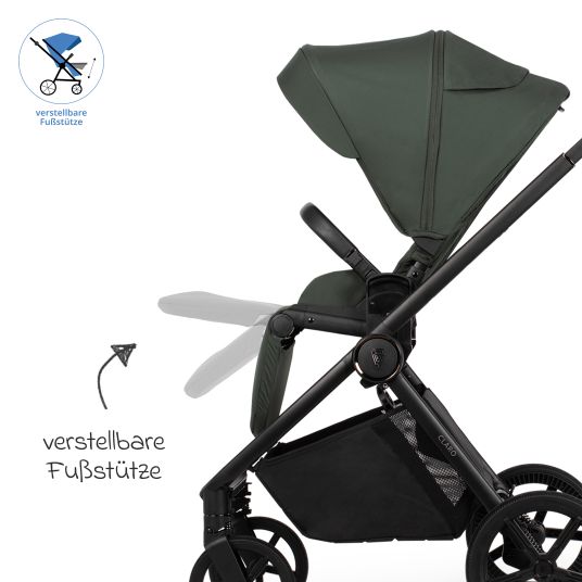 Venicci 2in1 Kombi-Kinderwagen Claro bis 22 kg mit Babywanne, Sportsitz, Teleskopschieber, Liegeposition inkl. Regenschutz, Beindecke, Schnullerkette, Spieluhr, Greifling & Wickeltasche - Forest