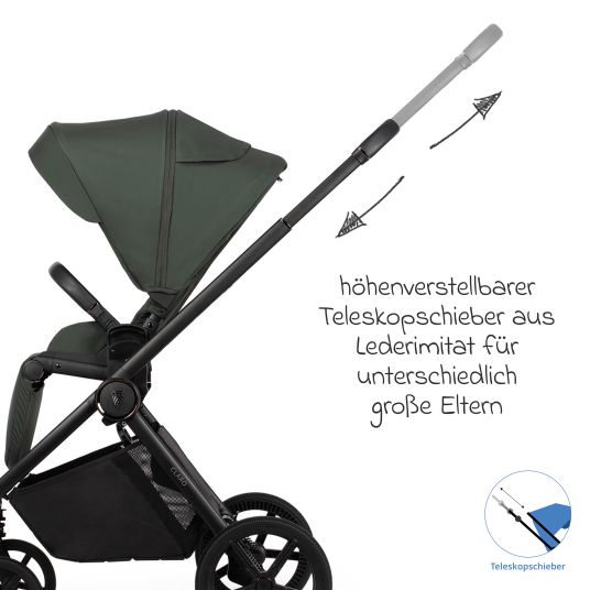 Venicci 2in1 Claro baby carriage up to 22 kg with carrycot, sports seat, telescopic push bar, reclining position incl. rain cover, leg cover, pacifier chain, music box, grasping toy & changing bag - Forest