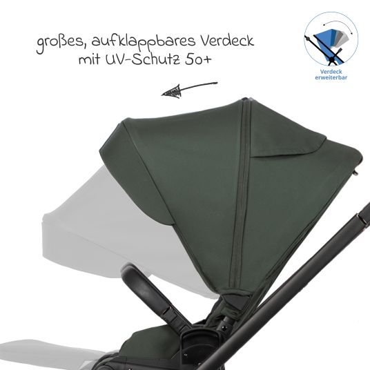 Venicci 2in1 Kombi-Kinderwagen Claro bis 22 kg mit Babywanne, Sportsitz, Teleskopschieber, Liegeposition inkl. Regenschutz, Beindecke, Schnullerkette, Spieluhr, Greifling & Wickeltasche - Forest