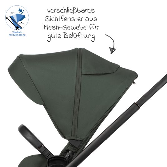 Venicci 2in1 Kombi-Kinderwagen Claro bis 22 kg mit Babywanne, Sportsitz, Teleskopschieber, Liegeposition inkl. Regenschutz, Beindecke, Schnullerkette, Spieluhr, Greifling & Wickeltasche - Forest