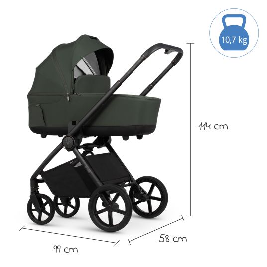 Venicci 2in1 Claro baby carriage up to 22 kg with carrycot, sports seat, telescopic push bar, reclining position incl. rain cover, leg cover, pacifier chain, music box, grasping toy & changing bag - Forest