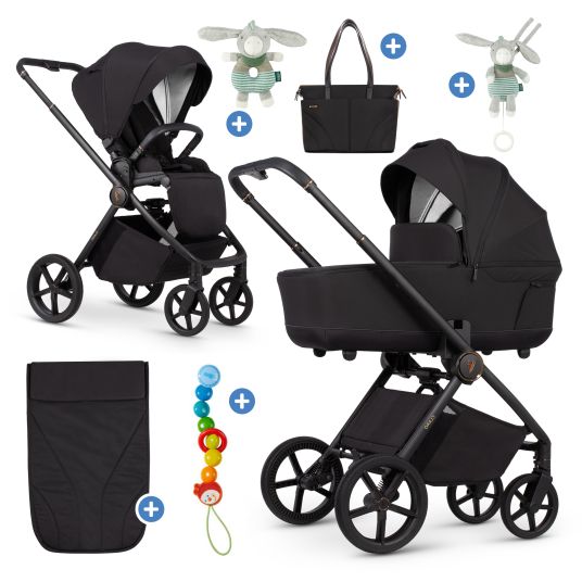 Venicci 2in1 Kombi-Kinderwagen Claro bis 22 kg mit Babywanne, Sportsitz, Teleskopschieber, Liegeposition inkl. Regenschutz, Beindecke, Schnullerkette, Spieluhr, Greifling & Wickeltasche - Noir