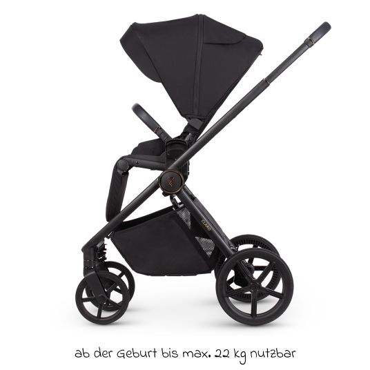 Venicci 2in1 Kombi-Kinderwagen Claro bis 22 kg mit Babywanne, Sportsitz, Teleskopschieber, Liegeposition inkl. Regenschutz, Beindecke, Schnullerkette, Spieluhr, Greifling & Wickeltasche - Noir