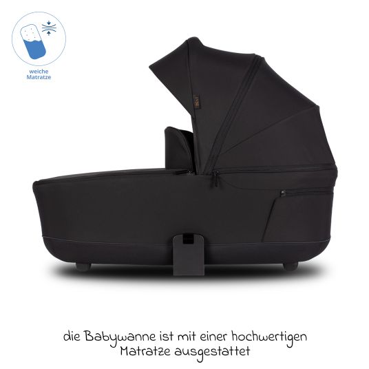 Venicci 2in1 Kombi-Kinderwagen Claro bis 22 kg mit Babywanne, Sportsitz, Teleskopschieber, Liegeposition inkl. Regenschutz, Beindecke, Schnullerkette, Spieluhr, Greifling & Wickeltasche - Noir