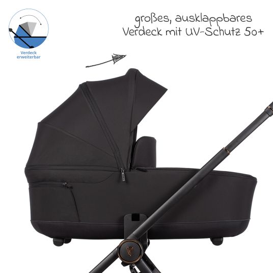 Venicci 2in1 Kombi-Kinderwagen Claro bis 22 kg mit Babywanne, Sportsitz, Teleskopschieber, Liegeposition inkl. Regenschutz, Beindecke, Schnullerkette, Spieluhr, Greifling & Wickeltasche - Noir