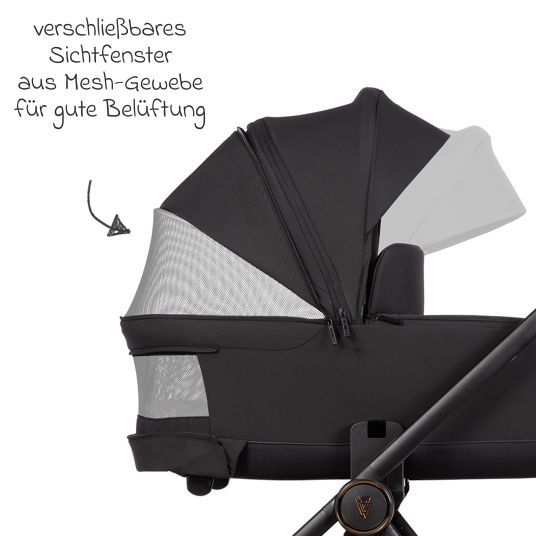 Venicci 2in1 Kombi-Kinderwagen Claro bis 22 kg mit Babywanne, Sportsitz, Teleskopschieber, Liegeposition inkl. Regenschutz, Beindecke, Schnullerkette, Spieluhr, Greifling & Wickeltasche - Noir