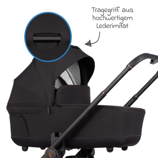 Venicci 2in1 Kombi-Kinderwagen Claro bis 22 kg mit Babywanne, Sportsitz, Teleskopschieber, Liegeposition inkl. Regenschutz, Beindecke, Schnullerkette, Spieluhr, Greifling & Wickeltasche - Noir