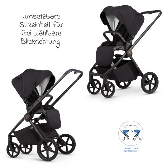 Venicci 2in1 Kombi-Kinderwagen Claro bis 22 kg mit Babywanne, Sportsitz, Teleskopschieber, Liegeposition inkl. Regenschutz, Beindecke, Schnullerkette, Spieluhr, Greifling & Wickeltasche - Noir