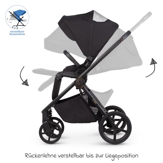 Venicci 2in1 Kombi-Kinderwagen Claro bis 22 kg mit Babywanne, Sportsitz, Teleskopschieber, Liegeposition inkl. Regenschutz, Beindecke, Schnullerkette, Spieluhr, Greifling & Wickeltasche - Noir