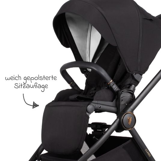 Venicci Passeggino Claro 2in1 fino a 22 kg con navicella, sedile sportivo, maniglione telescopico, posizione reclinabile, incluso parapioggia, coprigambe, catena per ciucci, carillon, gioco da afferrare e borsa fasciatoio - Noir