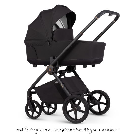 Venicci 2in1 Kombi-Kinderwagen Claro bis 22 kg mit Babywanne, Sportsitz, Teleskopschieber, Liegeposition inkl. Regenschutz, Beindecke, Schnullerkette, Spieluhr, Greifling & Wickeltasche - Noir