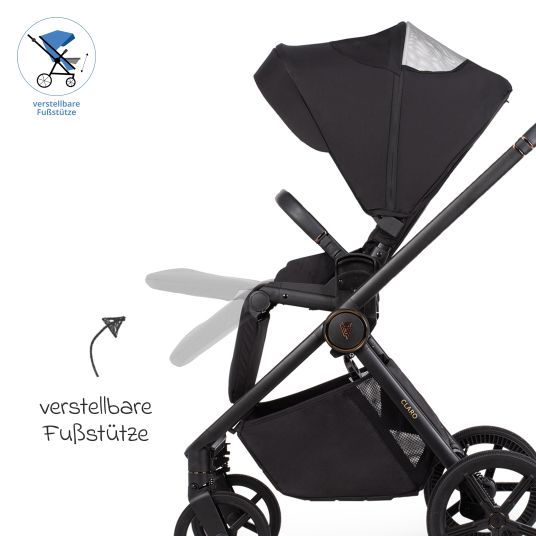 Venicci 2in1 Kombi-Kinderwagen Claro bis 22 kg mit Babywanne, Sportsitz, Teleskopschieber, Liegeposition inkl. Regenschutz, Beindecke, Schnullerkette, Spieluhr, Greifling & Wickeltasche - Noir