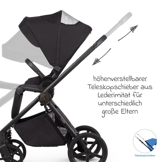 Venicci 2in1 Kombi-Kinderwagen Claro bis 22 kg mit Babywanne, Sportsitz, Teleskopschieber, Liegeposition inkl. Regenschutz, Beindecke, Schnullerkette, Spieluhr, Greifling & Wickeltasche - Noir