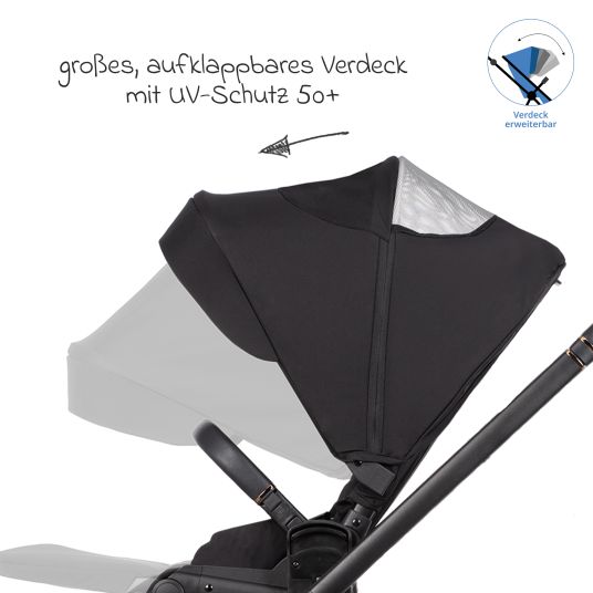 Venicci 2in1 Kombi-Kinderwagen Claro bis 22 kg mit Babywanne, Sportsitz, Teleskopschieber, Liegeposition inkl. Regenschutz, Beindecke, Schnullerkette, Spieluhr, Greifling & Wickeltasche - Noir