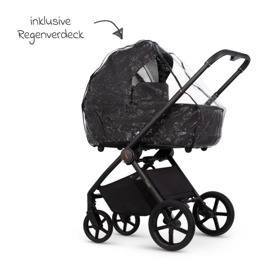 Venicci 2in1 Kombi-Kinderwagen Claro bis 22 kg mit Babywanne, Sportsitz, Teleskopschieber, Liegeposition inkl. Regenschutz, Beindecke, Schnullerkette, Spieluhr, Greifling & Wickeltasche - Noir