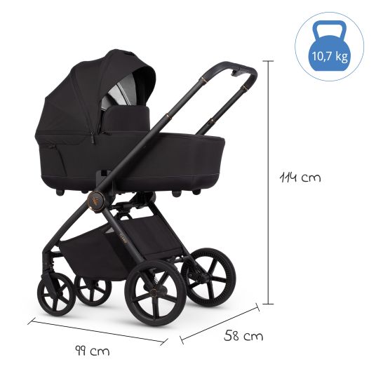 Venicci 2in1 Kombi-Kinderwagen Claro bis 22 kg mit Babywanne, Sportsitz, Teleskopschieber, Liegeposition inkl. Regenschutz, Beindecke, Schnullerkette, Spieluhr, Greifling & Wickeltasche - Noir