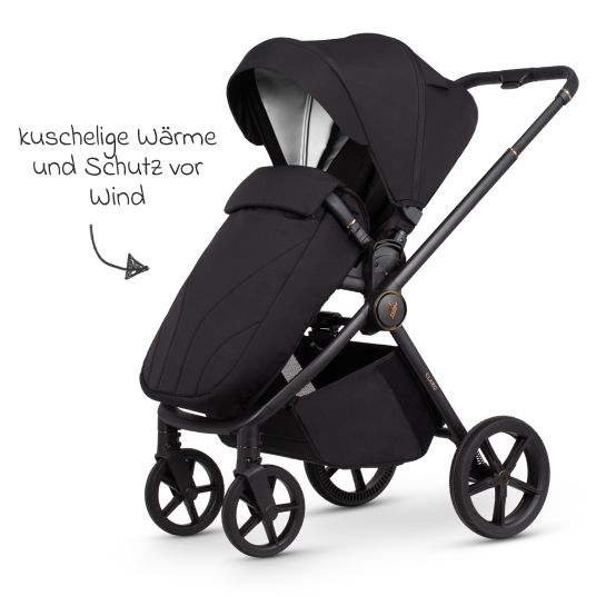 Venicci 2in1 Kombi-Kinderwagen Claro bis 22 kg mit Babywanne, Sportsitz, Teleskopschieber, Liegeposition inkl. Regenschutz, Beindecke, Schnullerkette, Spieluhr, Greifling & Wickeltasche - Noir