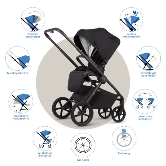 Venicci 2in1 Kombi-Kinderwagen Claro bis 22 kg mit Babywanne, Sportsitz, Teleskopschieber, Liegeposition inkl. Regenschutz, Beindecke, Schnullerkette, Spieluhr, Greifling & Wickeltasche - Noir