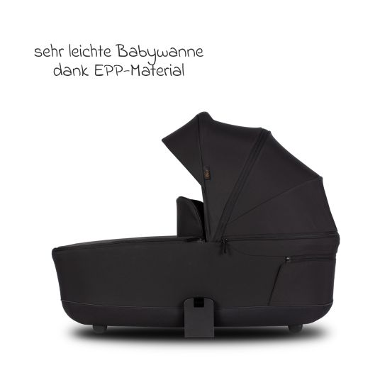 Venicci 2in1 Kombi-Kinderwagen Claro bis 22 kg mit Babywanne, Sportsitz, Teleskopschieber, Liegeposition inkl. Regenschutz, Beindecke, Schnullerkette, Spieluhr, Greifling & Wickeltasche - Noir