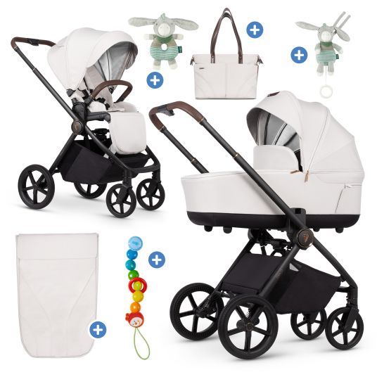 Venicci 2in1 Kombi-Kinderwagen Claro bis 22 kg mit Babywanne, Sportsitz, Teleskopschieber, Liegeposition inkl. Regenschutz, Beindecke, Schnullerkette, Spieluhr, Greifling & Wickeltasche - Vanilla