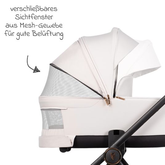 Venicci 2in1 Kombi-Kinderwagen Claro bis 22 kg mit Babywanne, Sportsitz, Teleskopschieber, Liegeposition inkl. Regenschutz, Beindecke, Schnullerkette, Spieluhr, Greifling & Wickeltasche - Vanilla