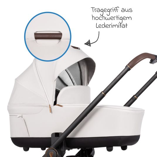 Venicci 2in1 Kombi-Kinderwagen Claro bis 22 kg mit Babywanne, Sportsitz, Teleskopschieber, Liegeposition inkl. Regenschutz, Beindecke, Schnullerkette, Spieluhr, Greifling & Wickeltasche - Vanilla