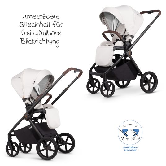 Venicci 2in1 Kombi-Kinderwagen Claro bis 22 kg mit Babywanne, Sportsitz, Teleskopschieber, Liegeposition inkl. Regenschutz, Beindecke, Schnullerkette, Spieluhr, Greifling & Wickeltasche - Vanilla