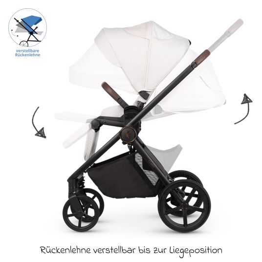 Venicci 2in1 Kombi-Kinderwagen Claro bis 22 kg mit Babywanne, Sportsitz, Teleskopschieber, Liegeposition inkl. Regenschutz, Beindecke, Schnullerkette, Spieluhr, Greifling & Wickeltasche - Vanilla