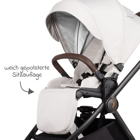 Venicci 2in1 Claro baby carriage up to 22 kg with carrycot, sports seat, telescopic push bar, reclining position incl. rain cover, leg cover, pacifier chain, music box, grasping toy & changing bag - Vanilla