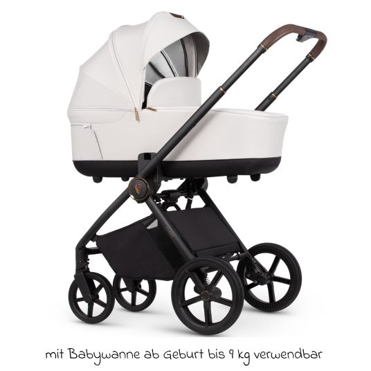 Venicci 2in1 Kombi-Kinderwagen Claro bis 22 kg mit Babywanne, Sportsitz, Teleskopschieber, Liegeposition inkl. Regenschutz, Beindecke, Schnullerkette, Spieluhr, Greifling & Wickeltasche - Vanilla