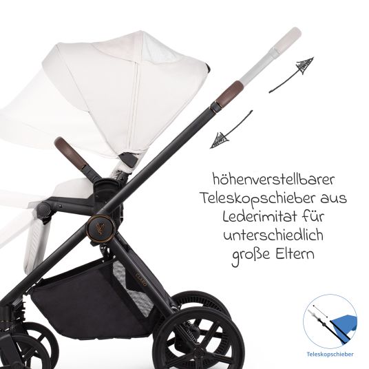 Venicci 2in1 Kombi-Kinderwagen Claro bis 22 kg mit Babywanne, Sportsitz, Teleskopschieber, Liegeposition inkl. Regenschutz, Beindecke, Schnullerkette, Spieluhr, Greifling & Wickeltasche - Vanilla