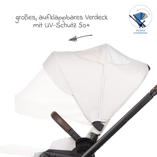 Venicci 2in1 Kombi-Kinderwagen Claro bis 22 kg mit Babywanne, Sportsitz, Teleskopschieber, Liegeposition inkl. Regenschutz, Beindecke, Schnullerkette, Spieluhr, Greifling & Wickeltasche - Vanilla