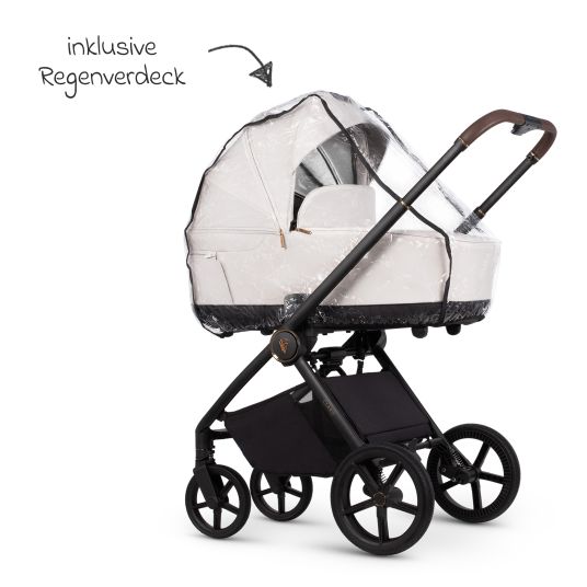 Venicci 2in1 Kombi-Kinderwagen Claro bis 22 kg mit Babywanne, Sportsitz, Teleskopschieber, Liegeposition inkl. Regenschutz, Beindecke, Schnullerkette, Spieluhr, Greifling & Wickeltasche - Vanilla