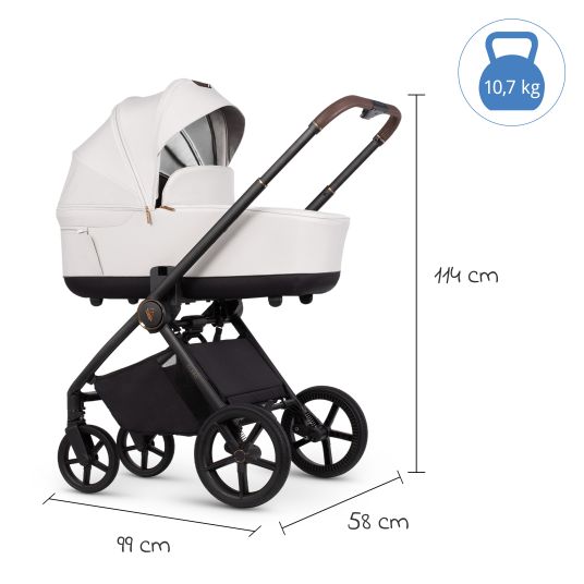 Venicci 2in1 Kombi-Kinderwagen Claro bis 22 kg mit Babywanne, Sportsitz, Teleskopschieber, Liegeposition inkl. Regenschutz, Beindecke, Schnullerkette, Spieluhr, Greifling & Wickeltasche - Vanilla