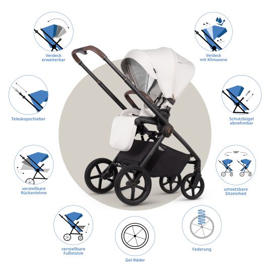 Venicci 2in1 Claro baby carriage up to 22 kg with carrycot, sports seat, telescopic push bar, reclining position incl. rain cover, leg cover, pacifier chain, music box, grasping toy & changing bag - Vanilla