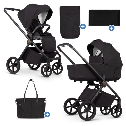 Venicci Passeggino Claro 2in1 fino a 22 kg con navicella, sedile sportivo, maniglione telescopico, posizione reclinabile incluso parapioggia, coprigambe e borsa fasciatoio con fasciatoio - Noir