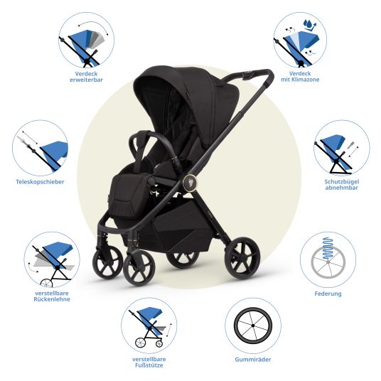 Venicci Buggy & pushchair Vero up to 22 kg with telescopic push bar, reclining position incl. rain cover, carrying strap & leg cover - Night