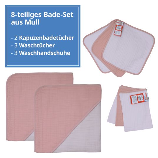 Wörner 8-piece gauze bath set - 2 hooded bath towels + 3 wash gloves + 3 wash cloths - salmon pink Erika
