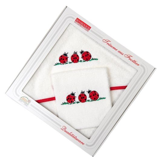 Wörner Confezione regalo Asciugamano con cappuccio e guanto di lavaggio - Famiglia di scarabei bianchi