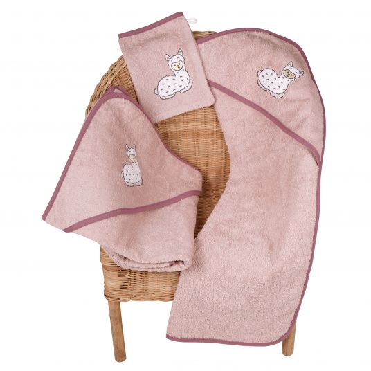 Wörner Hooded bath towel 100 x 100 cm - embroidery llama - old pink