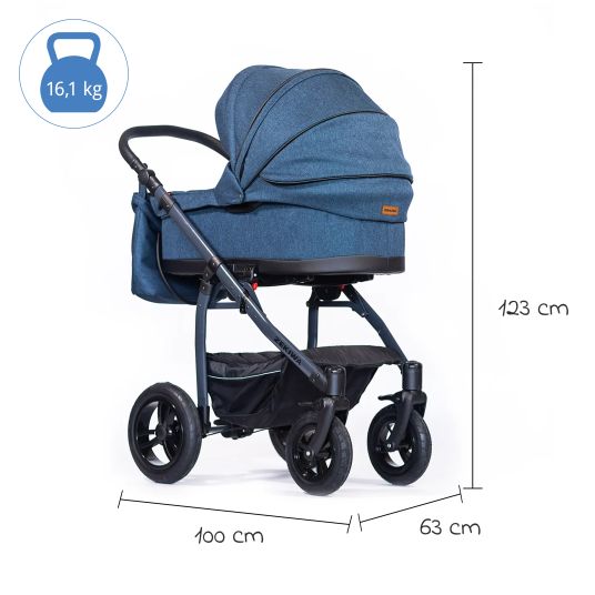 Zekiwa Passeggino Saturn Royal fino a 15 kg con pneumatici, navicella, unità di seduta convertibile, passeggino pieghevole con borsa fasciatoio, zanzariera e parapioggia - Aqua