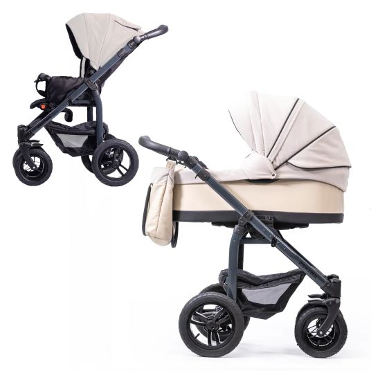 Zekiwa Passeggino Saturn Royal fino a 15 kg con pneumatici, navicella, seduta convertibile, maniglione pieghevole con borsa fasciatoio, zanzariera e parapioggia - Beige