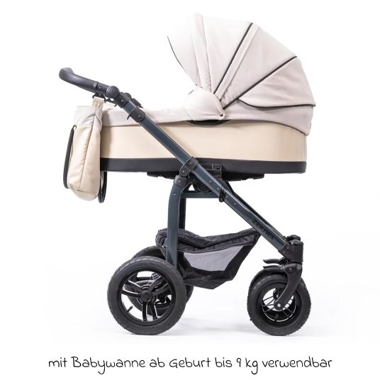 Zekiwa Passeggino Saturn Royal fino a 15 kg con pneumatici, navicella, seduta convertibile, maniglione pieghevole con borsa fasciatoio, zanzariera e parapioggia - Beige