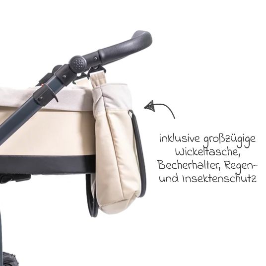 Zekiwa Passeggino Saturn Royal fino a 15 kg con pneumatici, navicella, seduta convertibile, maniglione pieghevole con borsa fasciatoio, zanzariera e parapioggia - Beige