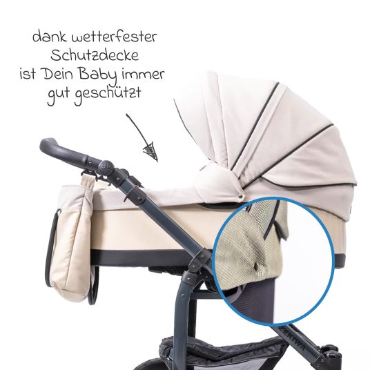 Zekiwa Passeggino Saturn Royal fino a 15 kg con pneumatici, navicella, seduta convertibile, maniglione pieghevole con borsa fasciatoio, zanzariera e parapioggia - Beige