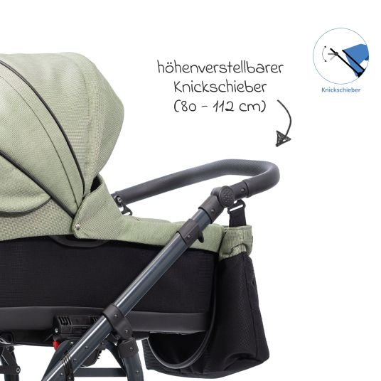 Zekiwa Passeggino Saturn Royal fino a 15 kg con pneumatici, navicella, seduta convertibile, passeggino pieghevole con borsa fasciatoio, zanzariera e parapioggia - Olive