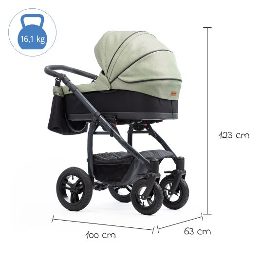 Zekiwa Passeggino Saturn Royal fino a 15 kg con pneumatici, navicella, seduta convertibile, passeggino pieghevole con borsa fasciatoio, zanzariera e parapioggia - Olive