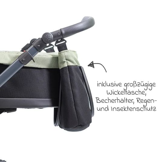 Zekiwa Passeggino Saturn Royal fino a 15 kg con pneumatici, navicella, seduta convertibile, passeggino pieghevole con borsa fasciatoio, zanzariera e parapioggia - Olive