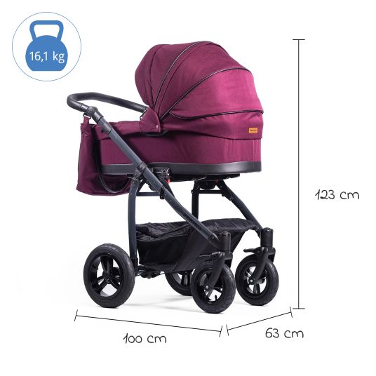 Zekiwa Passeggino Saturn Royal fino a 15 kg con pneumatici, navicella, unità di seduta convertibile, spingi fibbia con borsa fasciatoio, zanzariera e parapioggia - frutti di bosco