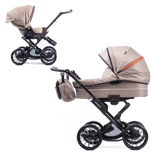 Zekiwa Passeggino Touring Max fino a 15 kg con navicella, unità di seduta convertibile, passeggino pieghevole con borsa fasciatoio, zanzariera e parapioggia - Marrone